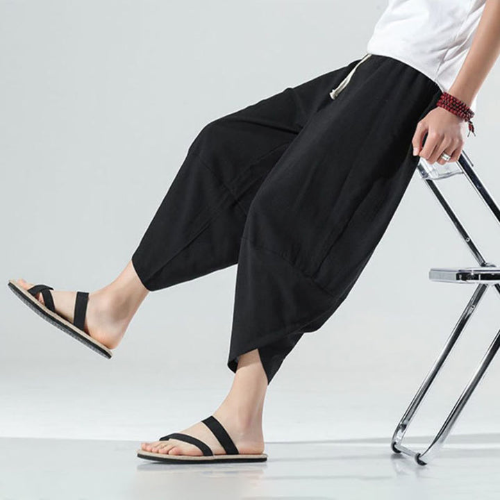 Buddha Stones無地 シンプルデザイン ドローストリング 7-8丈 リネン メンズ ハーレムパンツ ポケット付き - image 12