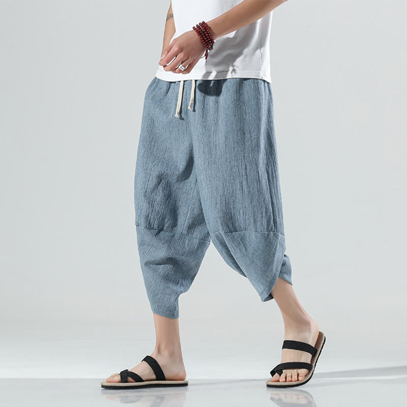Buddha Stones無地 シンプルデザイン ドローストリング 7-8丈 リネン メンズ ハーレムパンツ ポケット付き