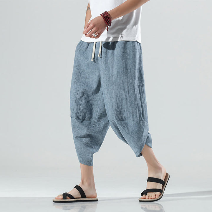 Buddha Stones無地 シンプルデザイン ドローストリング 7-8丈 リネン メンズ ハーレムパンツ ポケット付き
