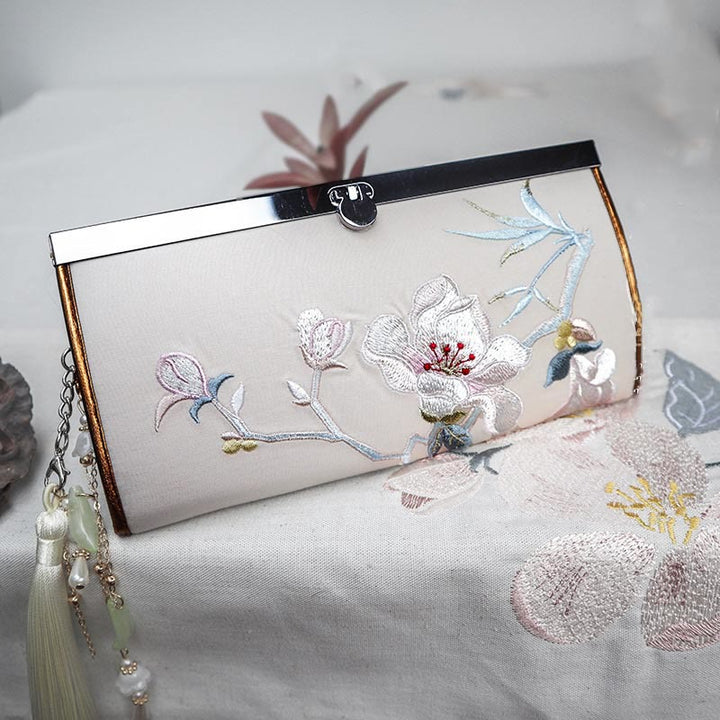 Buddha Stonesマグノリアの花 両面刺繍 大容量 キャッシュホルダー ウォレット ショッピングバッグ