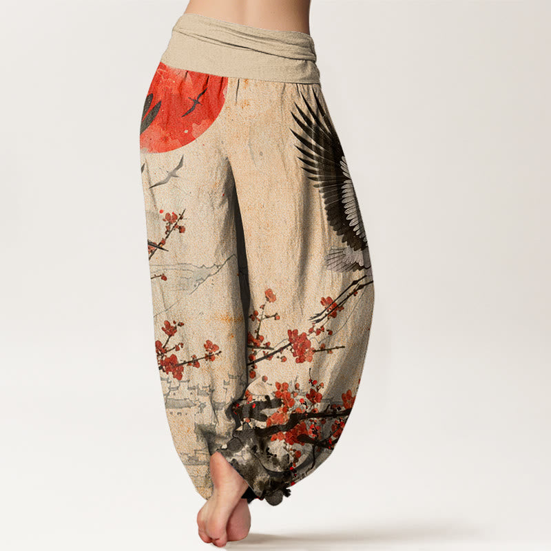 Buddha Stonesタンチョウヅル 太陽 赤い梅の花柄 レディース ウエストゴム ハーレムパンツ - image 9