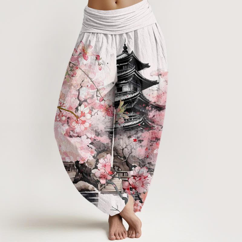 Buddha Stonesコットンパビリオン 桜柄 レディース 伸縮性ウエスト ハーレムパンツ - 白 - US22、 UK/AU26、 EU54 (6XL) - image 0