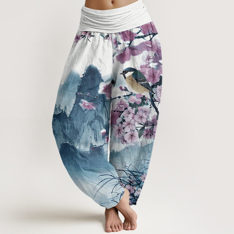 Buddha Stones、鳥、桜、山の模様、レディース 伸縮性ウエスト ハーレムパンツ - ミディアムブルー - US22、 UK/AU26、 EU54 (6XL) - image 5
