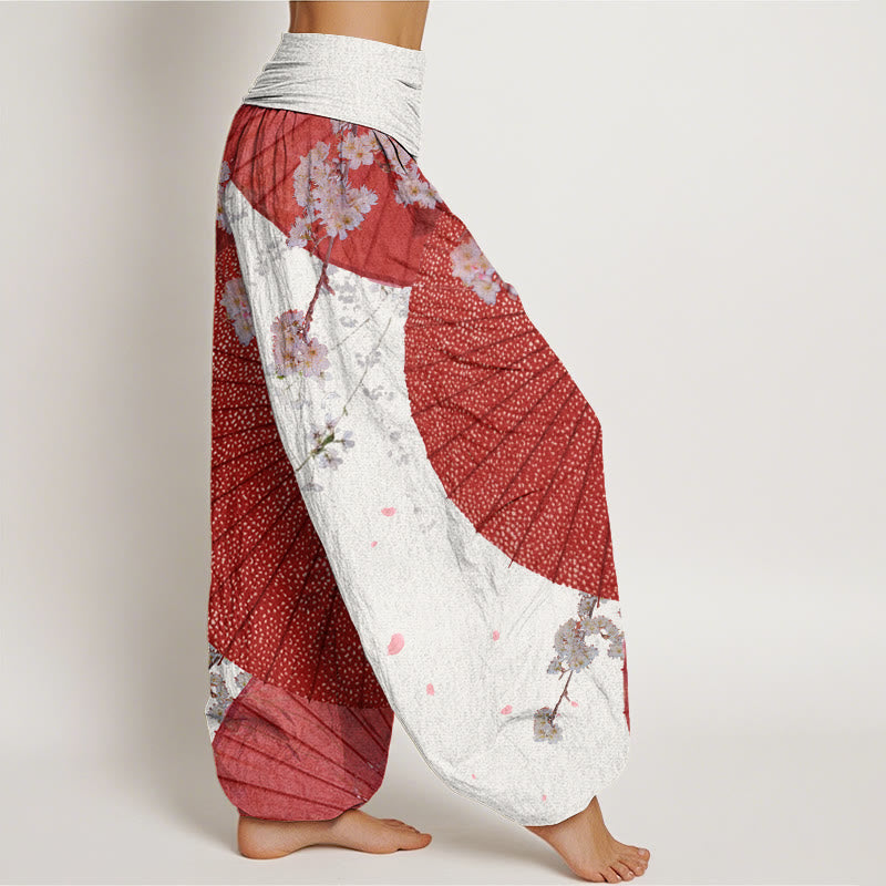 Buddha Stonesカジュアルレッドオイルペーパー傘桜柄レディース伸縮性ウエストハーレムパンツ - image 7