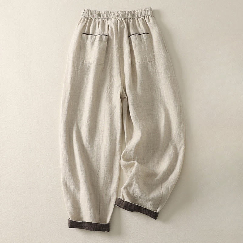 Buddha Stones夏 カジュアル 純色 ドローストリング 9丈 コットンリネン レディース ハーレムパンツ ポケット付き - image 1