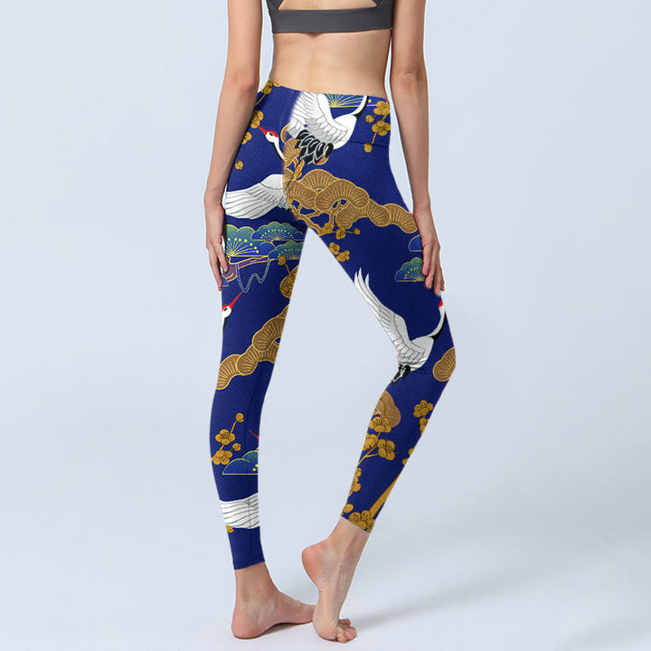 Buddha Stones、飛翔するタンチョウヅル、松の木、花柄プリントのジムレギンス、レディースヨガパンツ - image 4