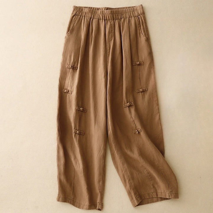 Buddha Stonesカジュアル 無地 フロッグボタンデザイン 7-8丈 コットンリネン レディース ハーレムパンツ ポケット付き - ペルー - US8-10，UK/AU12-14，EU40-42 (2XL) - image 0