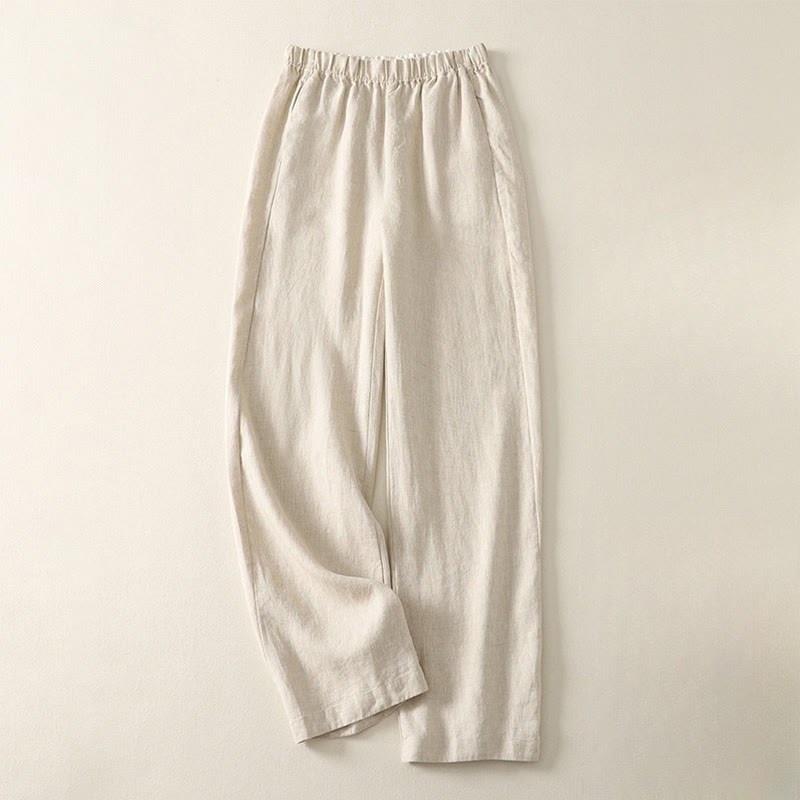 Buddha Stonesデイリー 無地 シンプルデザイン コットンリネン レディース パンツ ポケット付き - ベージュ - US8-10，UK/AU12-14，EU40-42 (2XL) - image 0