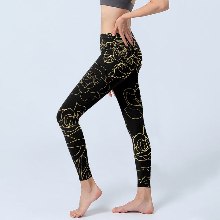 Buddha Stones、バラ、花、葉、金色のライン柄プリントのジムレギンス、レディースヨガパンツ - image 3
