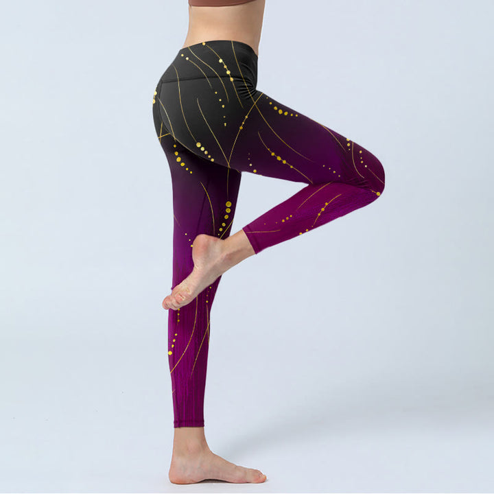 Buddha Stones抽象グラデーション細く長いゴールドライン柄プリントジムレギンスレディースヨガパンツ - image 4