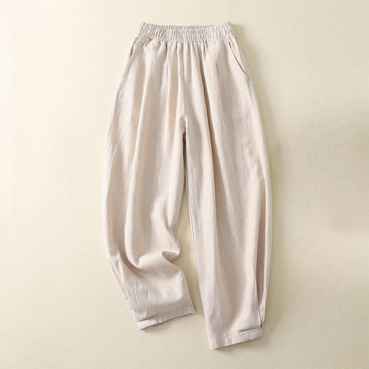 Buddha Stones通勤用 無地 伸縮性ウエストバンド コットンリネン レディース パンツ ポケット付き - ベージュ - US8-10，UK/AU12-14，EU40-42 (2XL) - image 0