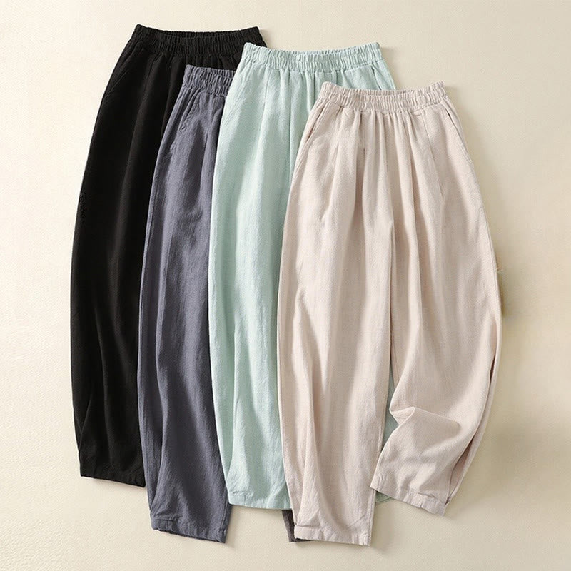 Buddha Stones通勤用 無地 伸縮性ウエストバンド コットンリネン レディース パンツ ポケット付き - image 19
