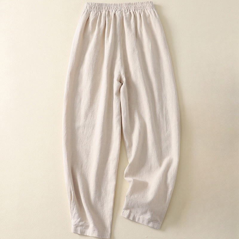 Buddha Stones通勤用 無地 伸縮性ウエストバンド コットンリネン レディース パンツ ポケット付き - image 1