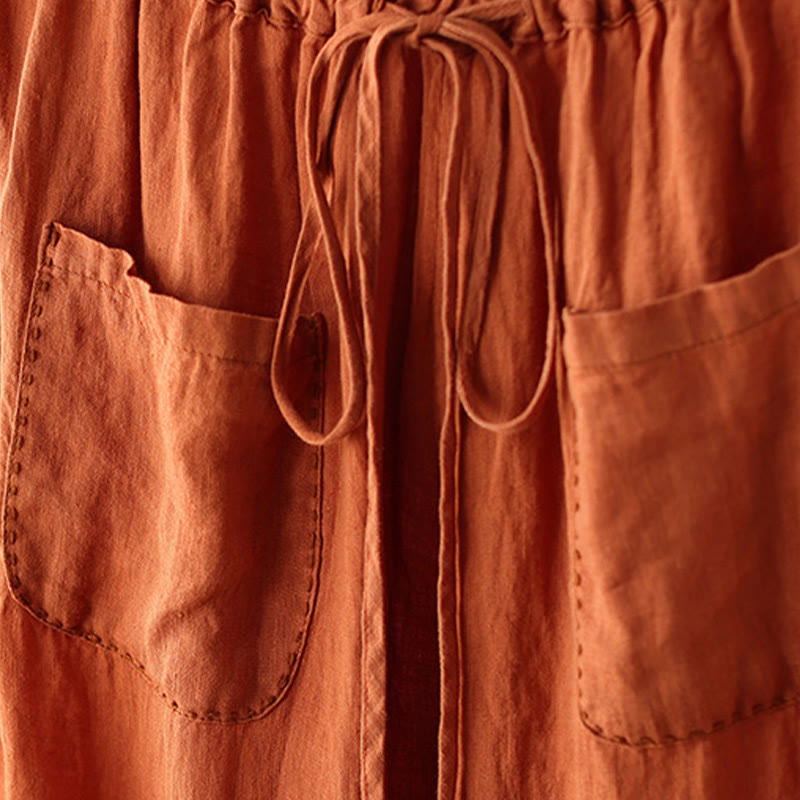 Buddha Stonesカジュアル 無地 シワデザイン ドローストリング 9丈 コットンリネン レディース ワイドレッグパンツ ポケット付き - image 4