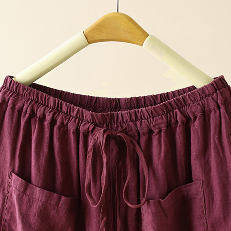 Buddha Stonesカジュアル 無地 シワデザイン ドローストリング 9丈 コットンリネン レディース ワイドレッグパンツ ポケット付き - image 14
