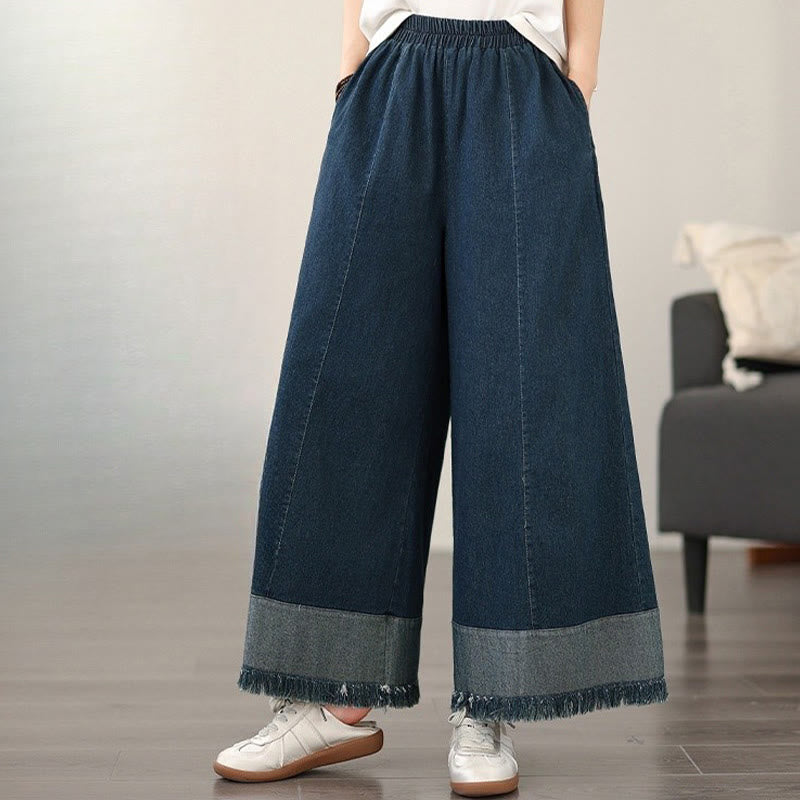 Buddha Stones春のヴィンテージ風ダメージ加工タッセルデザインレディースワイドレッグパンツ（ポケット付き） - image 3