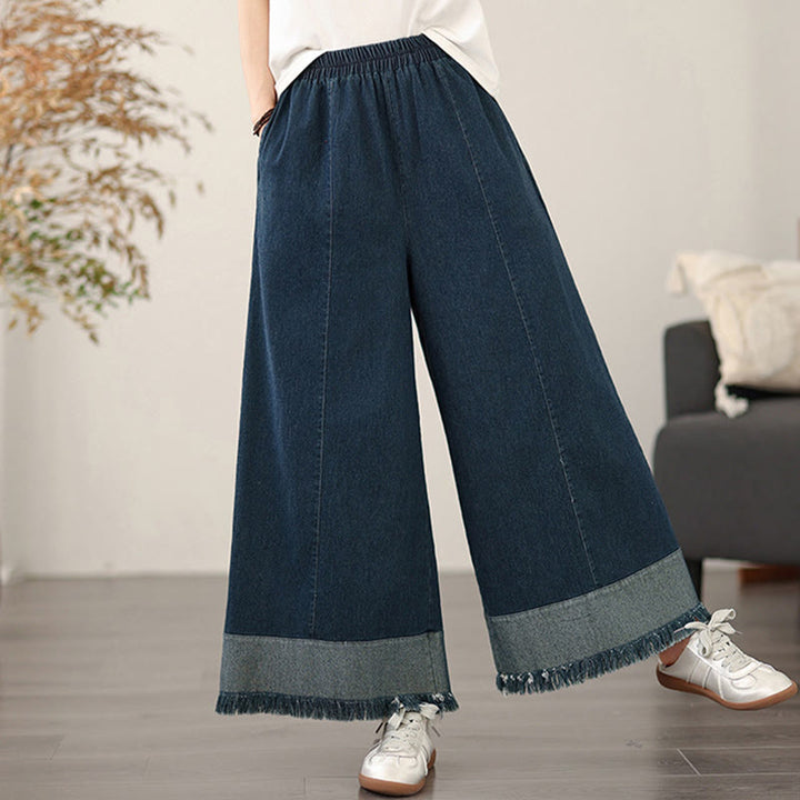 Buddha Stones春のヴィンテージ風ダメージ加工タッセルデザインレディースワイドレッグパンツ（ポケット付き） - image 4