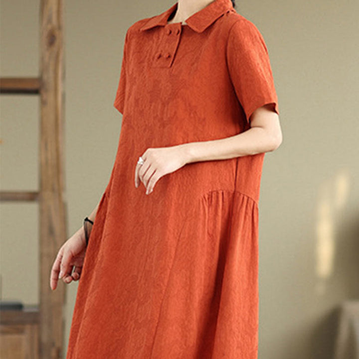 Buddha Stonesプレーンジャカードデザイン 半袖 コットンリネン ミディドレス ポケット付き - image 4