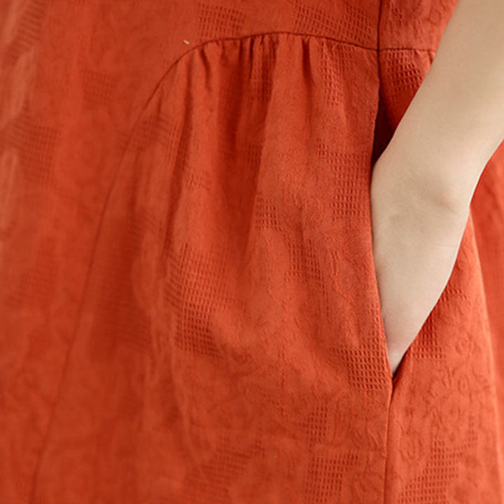 Buddha Stonesプレーンジャカードデザイン 半袖 コットンリネン ミディドレス ポケット付き - image 9