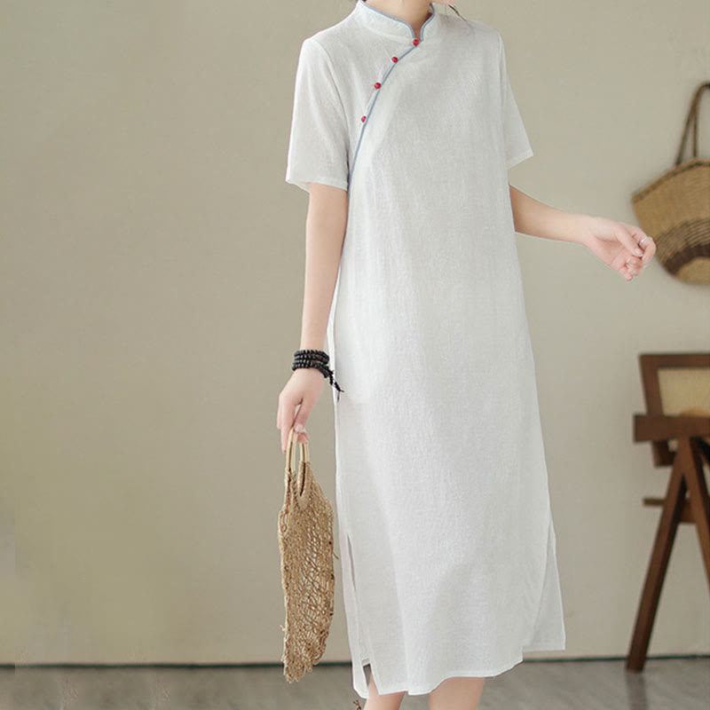 Buddha Stonesの純色半袖ジャカード中国チャイナドレス、ポケット付き - image 3