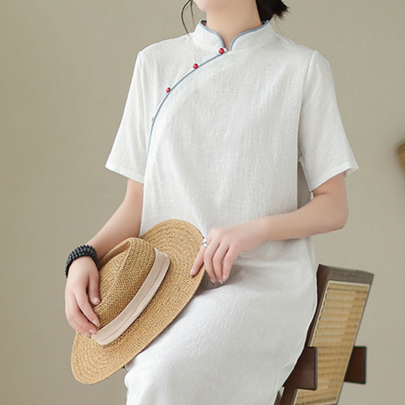 Buddha Stonesの純色半袖ジャカード中国チャイナドレス、ポケット付き - image 5