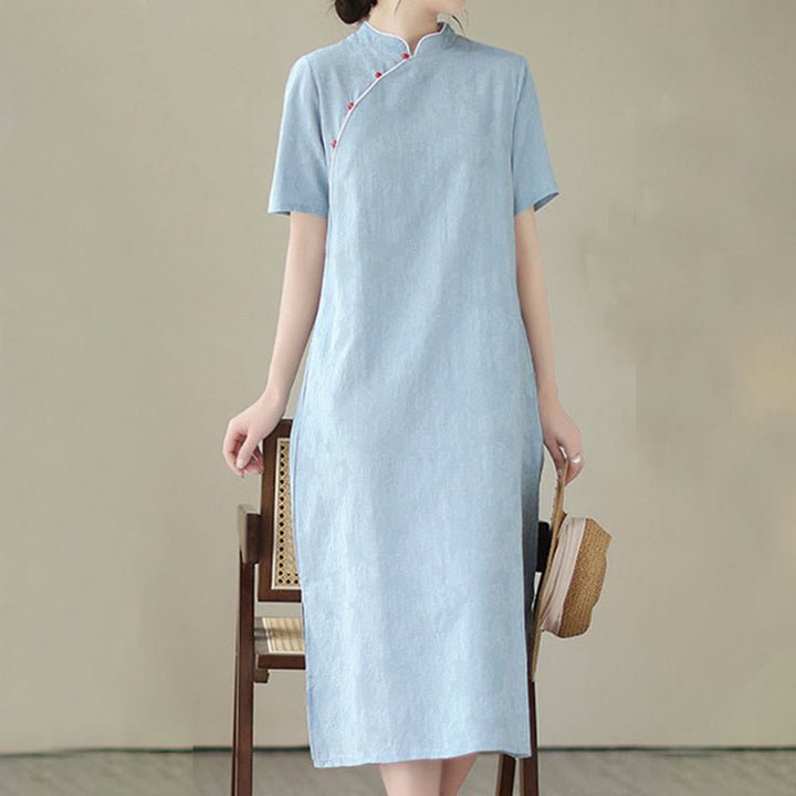 Buddha Stonesの純色半袖ジャカード中国チャイナドレス、ポケット付き - image 10