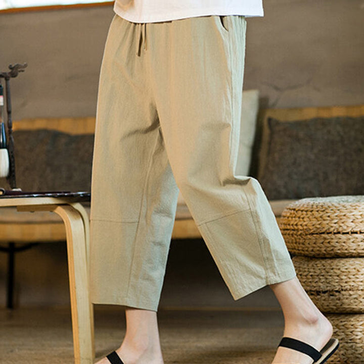 Buddha Stonesシンプルデザイン ドローストリング コットンリネン メンズ 無地 ハーレムパンツ ポケット付き - image 6