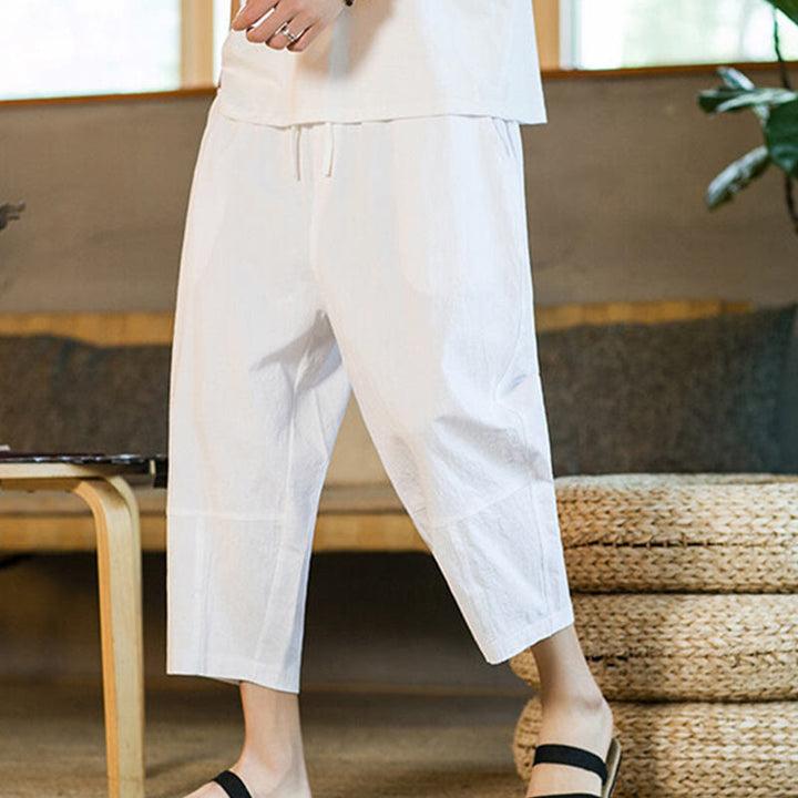 Buddha Stonesシンプルデザイン ドローストリング コットンリネン メンズ 無地 ハーレムパンツ ポケット付き - image 21