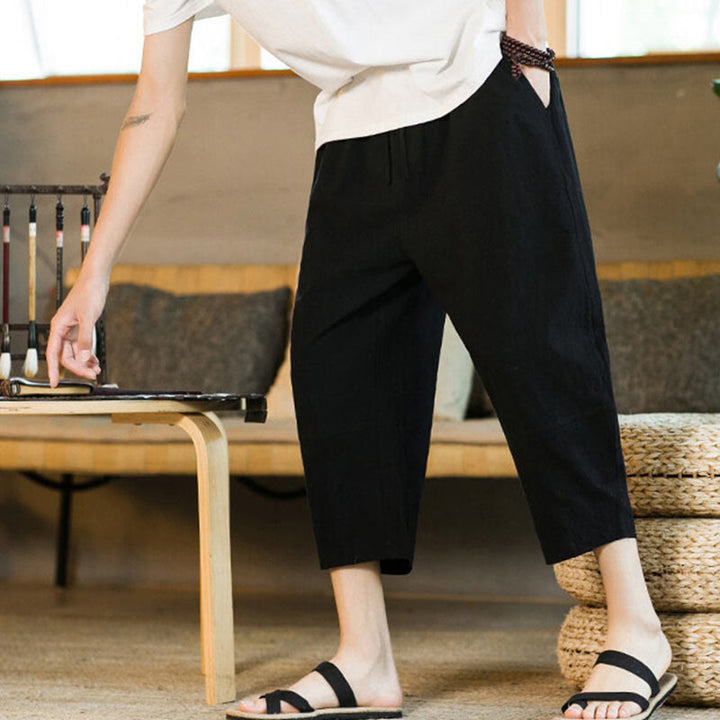 Buddha Stonesシンプルデザイン ドローストリング コットンリネン メンズ 無地 ハーレムパンツ ポケット付き - image 12