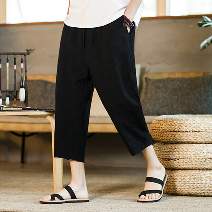 Buddha Stonesシンプルデザイン ドローストリング コットンリネン メンズ 無地 ハーレムパンツ ポケット付き - image 15