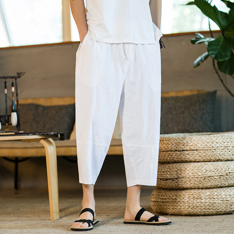 Buddha Stonesシンプルデザイン ドローストリング コットンリネン メンズ 無地 ハーレムパンツ ポケット付き - image 20