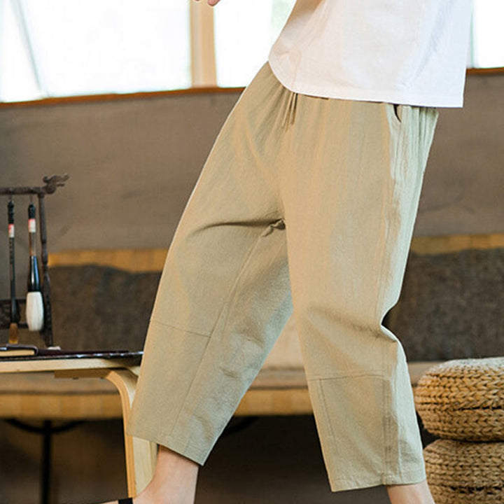 Buddha Stonesシンプルデザイン ドローストリング コットンリネン メンズ 無地 ハーレムパンツ ポケット付き - image 7