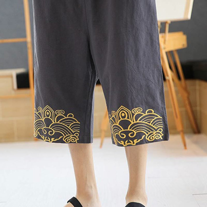 Buddha Stones春 カジュアル 刺繍 ドローストリング メンズ 7-8丈 コットンリネン ハーレムパンツ ポケット付き - image 17