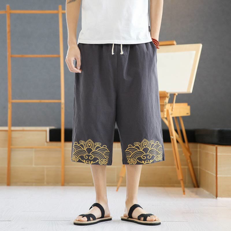 Buddha Stones春 カジュアル 刺繍 ドローストリング メンズ 7-8丈 コットンリネン ハーレムパンツ ポケット付き - image 13