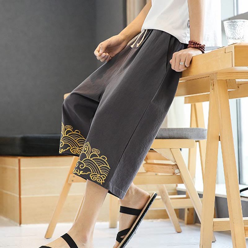 Buddha Stones春 カジュアル 刺繍 ドローストリング メンズ 7-8丈 コットンリネン ハーレムパンツ ポケット付き - image 20