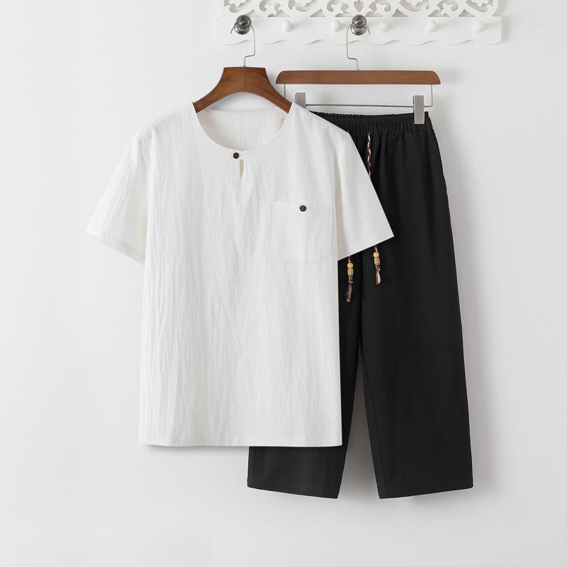Buddha Stones夏 2点セット 無地 半袖 Tシャツ 7-8丈パンツ コットンリネン タンスーツ メンズ 瞑想用 布セット ポケット付き - 白いTシャツと黒いパンツ - US/UK/AU46、 EU56 (5XL) - image 15