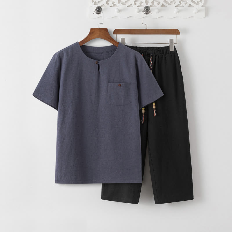 Buddha Stones夏 2点セット 無地 半袖 Tシャツ 7-8丈パンツ コットンリネン タンスーツ メンズ 瞑想用 布セット ポケット付き - スレートグレーのTシャツと黒のパンツ - US/UK/AU46、 EU56 (5XL) - image 12