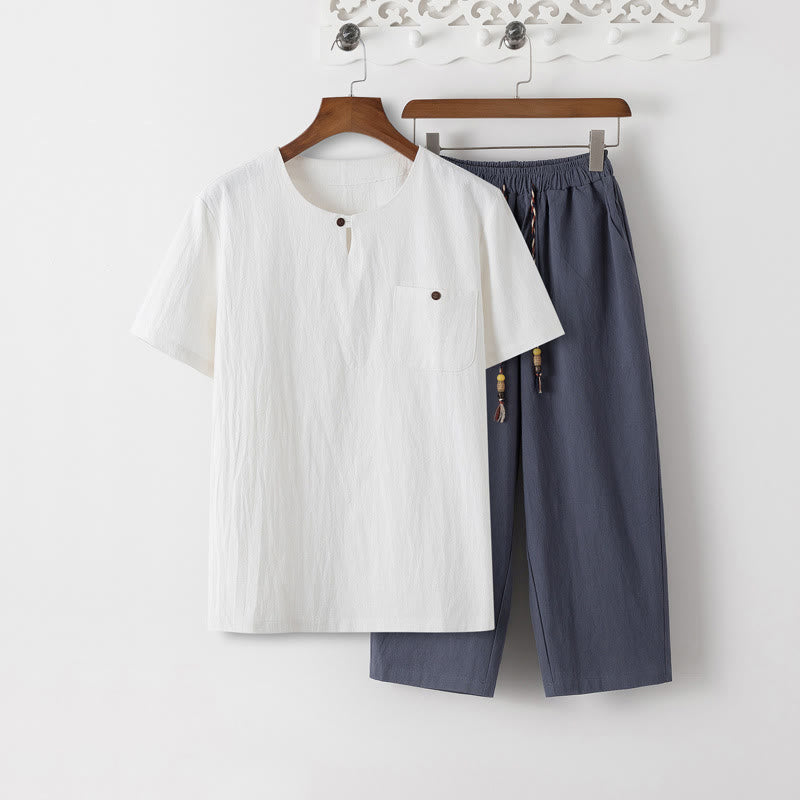 Buddha Stones夏 2点セット 無地 半袖 Tシャツ 7-8丈パンツ コットンリネン タンスーツ メンズ 瞑想用 布セット ポケット付き - ホワイトTシャツ＆スレートグレーパンツ - US/UK/AU46、 EU56 (5XL) - image 0