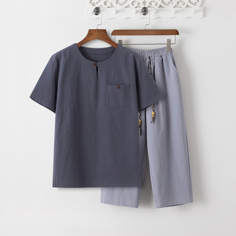 Buddha Stones夏 2点セット 無地 半袖 Tシャツ 7-8丈パンツ コットンリネン タンスーツ メンズ 瞑想用 布セット ポケット付き - スレートグレーのTシャツとライトスチールブルーのパンツ - US/UK/AU46、 EU56 (5XL) - image 11