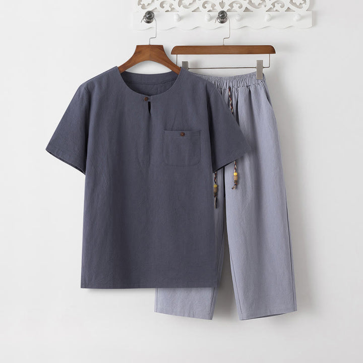 Buddha Stones夏 2点セット 無地 半袖 Tシャツ 7-8丈パンツ コットンリネン タンスーツ メンズ 瞑想用 布セット ポケット付き - スレートグレーのTシャツとライトスチールブルーのパンツ - US/UK/AU46、 EU56 (5XL) - image 11