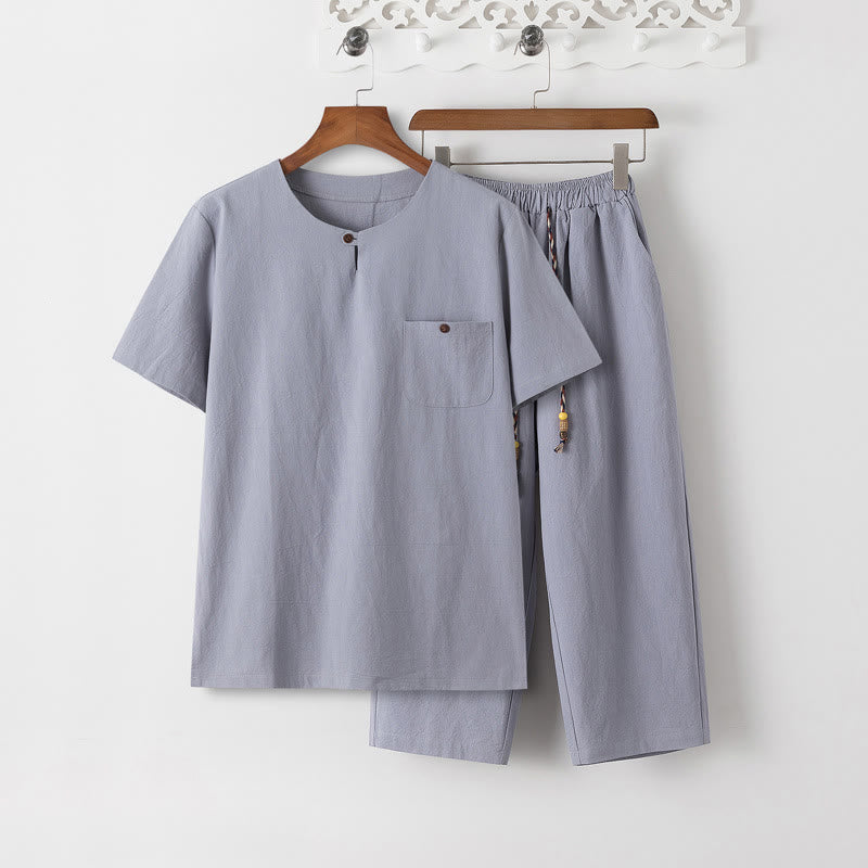 Buddha Stones夏 2点セット 無地 半袖 Tシャツ 7-8丈パンツ コットンリネン タンスーツ メンズ 瞑想用 布セット ポケット付き - ライトスチールブルーのTシャツとライトスチールブルーのパンツ - US/UK/AU46、 EU56 (5XL) - image 10