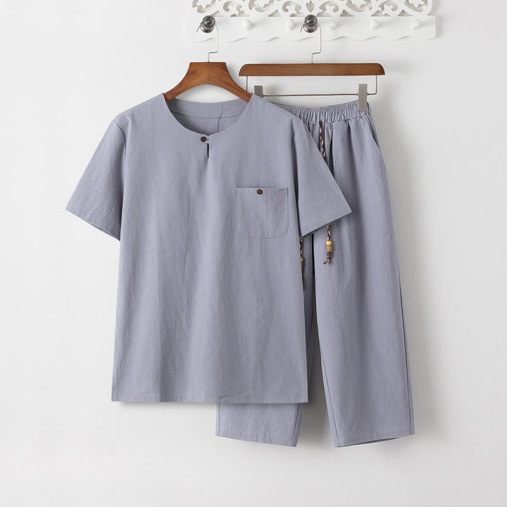 Buddha Stones夏 2点セット 無地 半袖 Tシャツ 7-8丈パンツ コットンリネン タンスーツ メンズ 瞑想用 布セット ポケット付き - ライトスチールブルーのTシャツとライトスチールブルーのパンツ - US/UK/AU46、 EU56 (5XL) - image 10
