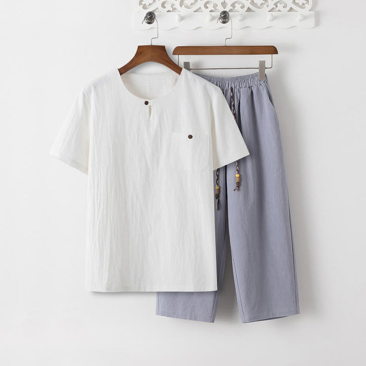 Buddha Stones夏 2点セット 無地 半袖 Tシャツ 7-8丈パンツ コットンリネン タンスーツ メンズ 瞑想用 布セット ポケット付き - 白のTシャツとライトスチールブルーのパンツ - US/UK/AU46、 EU56 (5XL) - image 16