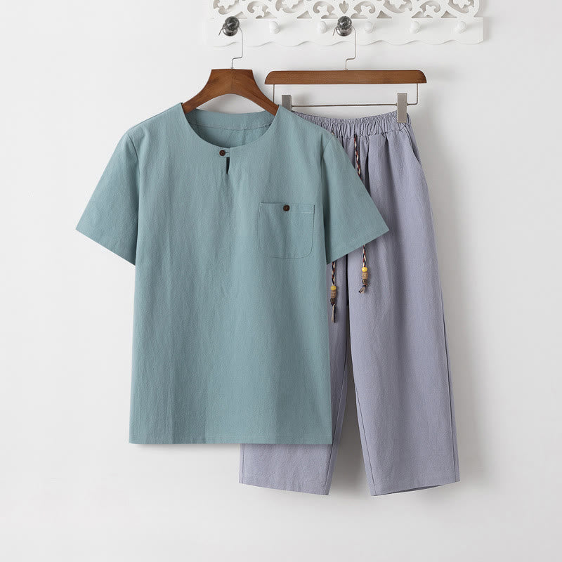 Buddha Stones夏 2点セット 無地 半袖 Tシャツ 7-8丈パンツ コットンリネン タンスーツ メンズ 瞑想用 布セット ポケット付き - 淡いターコイズ色のTシャツとライトスチールブルーのパンツ - US/UK/AU46、 EU56 (5XL) - image 18