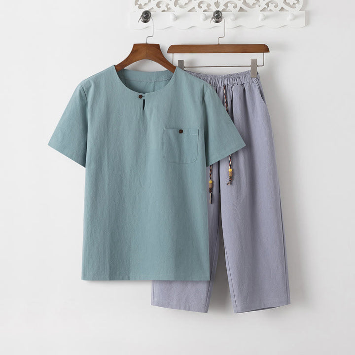 Buddha Stones夏 2点セット 無地 半袖 Tシャツ 7-8丈パンツ コットンリネン タンスーツ メンズ 瞑想用 布セット ポケット付き - 淡いターコイズ色のTシャツとライトスチールブルーのパンツ - US/UK/AU46、 EU56 (5XL) - image 18