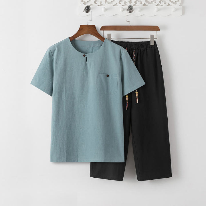 Buddha Stones夏 2点セット 無地 半袖 Tシャツ 7-8丈パンツ コットンリネン タンスーツ メンズ 瞑想用 布セット ポケット付き - 淡いターコイズ色のTシャツと黒のパンツ - US/UK/AU46、 EU56 (5XL) - image 17