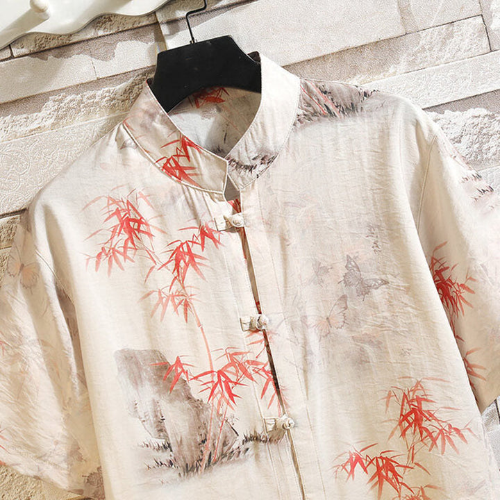 Buddha Stones夏 竹 蝶柄 半袖 カエルボタンデザイン メンズ シャツ ジャケット - image 2