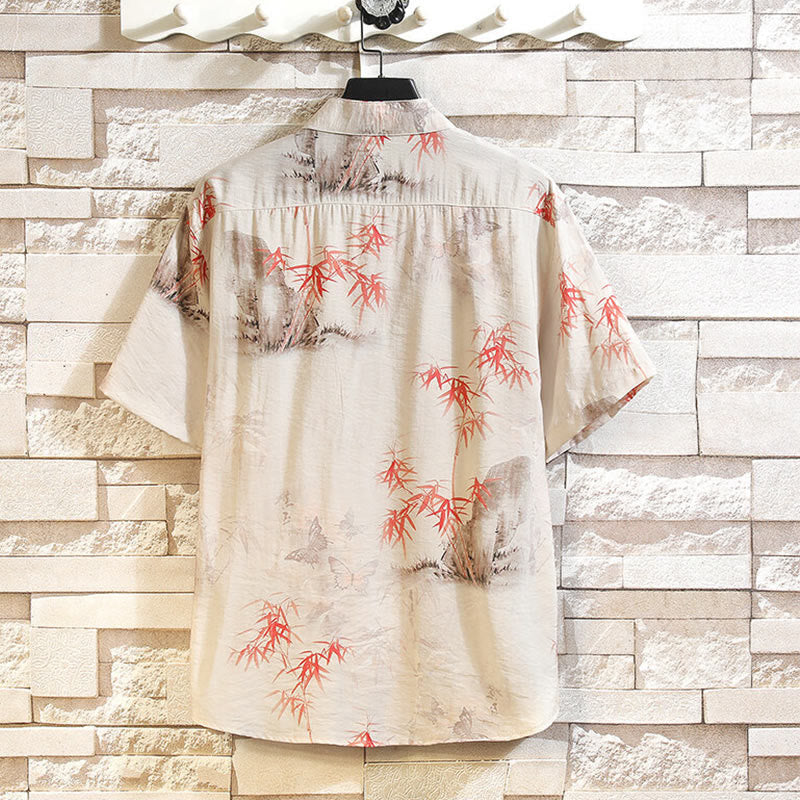 Buddha Stones夏 竹 蝶柄 半袖 カエルボタンデザイン メンズ シャツ ジャケット - image 1