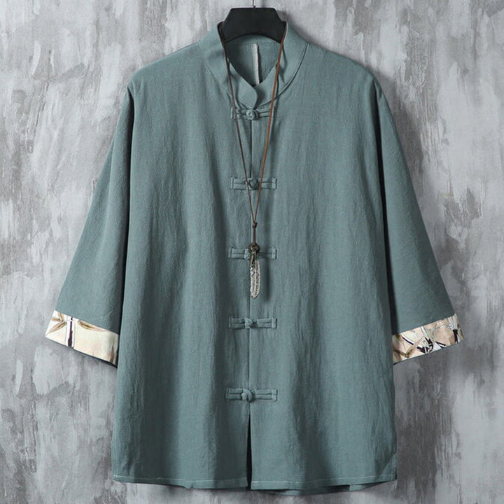 Buddha Stones夏用 カエルボタン パッチワーク 半袖デザイン コットンリネン メンズ シャツジャケット - キャデットブルー - US/UK/AU46、 EU56 (5XL) - image 0