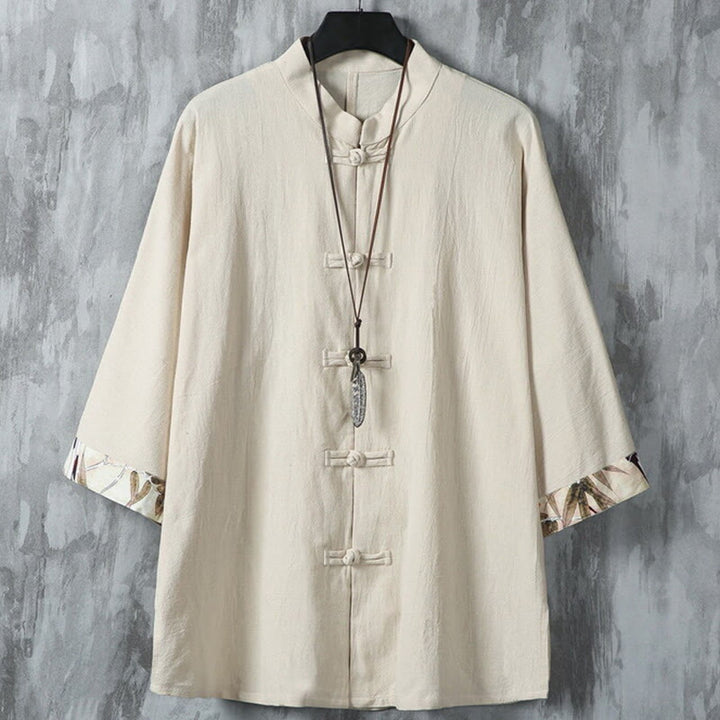 Buddha Stones夏用 カエルボタン パッチワーク 半袖デザイン コットンリネン メンズ シャツジャケット - ベージュ - US/UK/AU46、 EU56 (5XL) - image 12